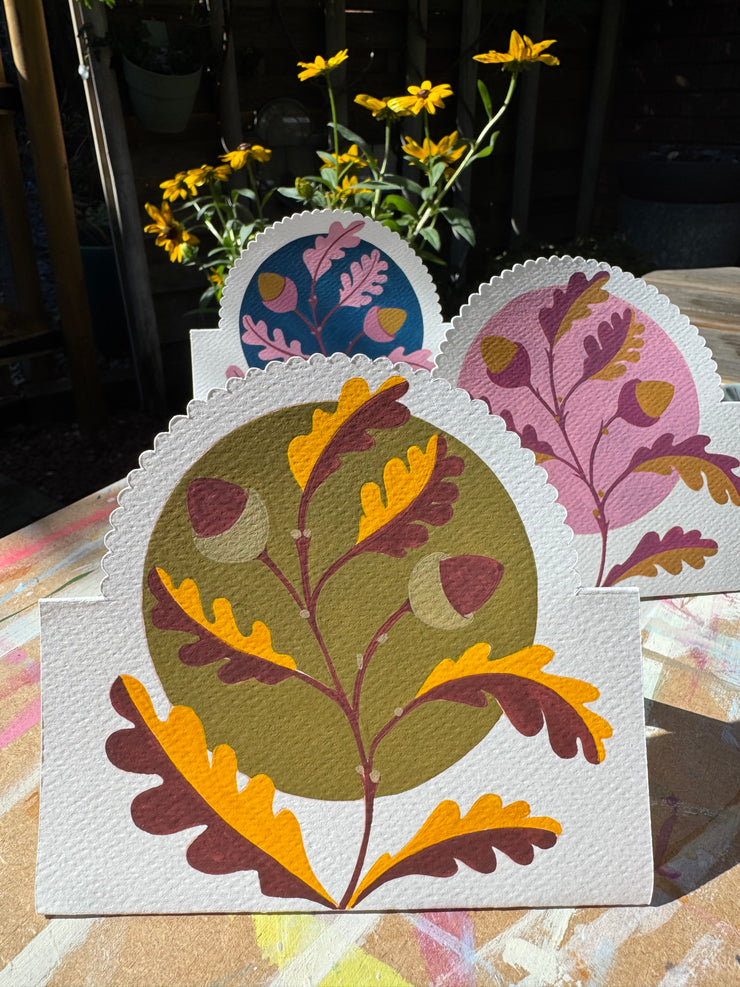 A Hand-Painted Autumn Greeting Card – 3D Standing Autumn Oak Card – Custom Colours – Eco-Friendly, Unique Keepsake Gift
