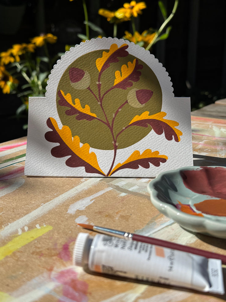 A Hand-Painted Autumn Greeting Card – 3D Standing Autumn Oak Card – Custom Colours – Eco-Friendly, Unique Keepsake Gift