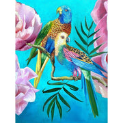 Large oil painting. Love birds, peonies, insects. Magenta, blue, turquoise. 