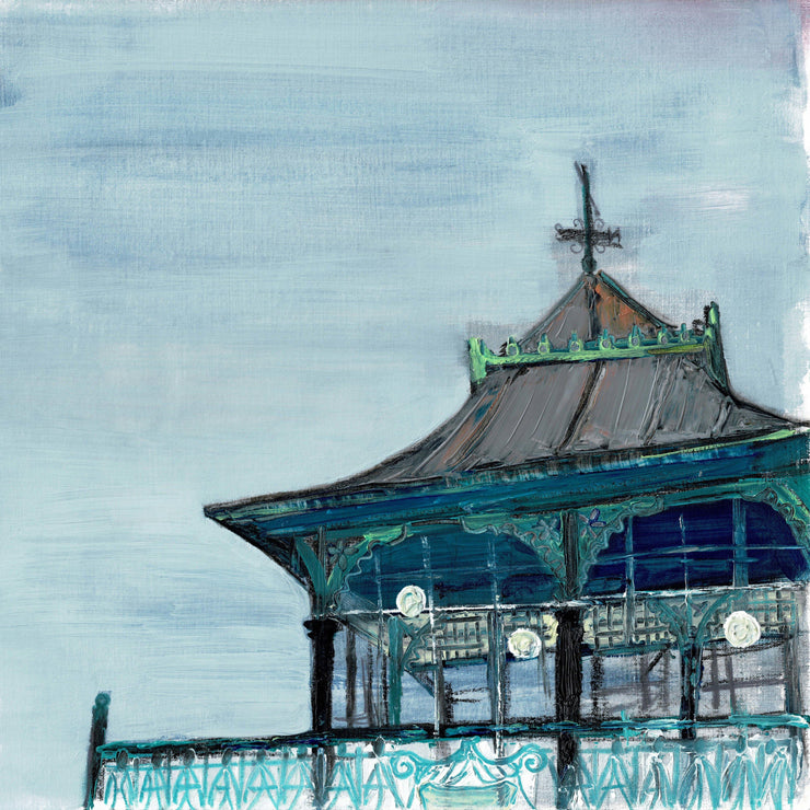 Abstract crop of Clevedon Pier. Impasto details. Teal, grey and navy.