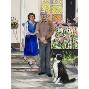 A portrait of grandparents and sheep dog.