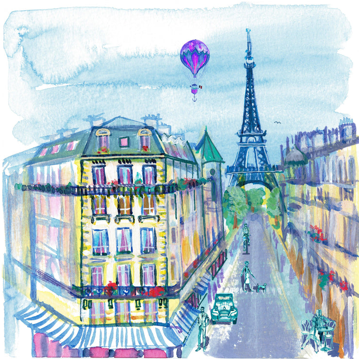 Watercolours and inks. Parisian street scene. Candy colours. Eiffel Tower. Vintage Parisian balloon.