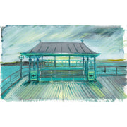 Detail of seating area on Clevedon Pier. Teal coastal architecture. Sunset. Oil painting.