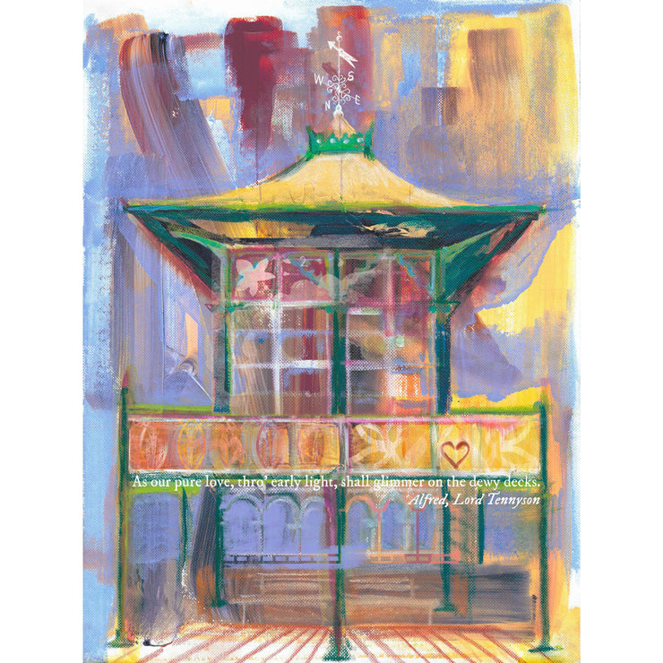 Victorian Clevedon Pier. Close up of main building. Expressive brush strokes and abstract colours. Quote by Alfred Tennyson. As our pure love,thro&
