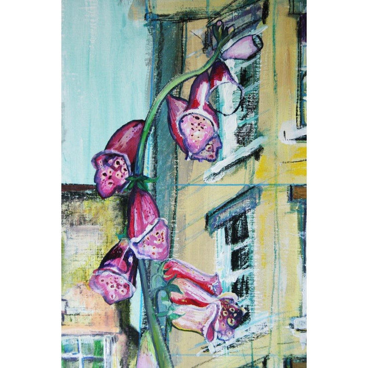 Georgian architecture. Mixed media with foxgloves. Stencil and pastels.