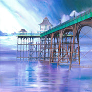 Realistic Pier painting. After the storm. Reflective seawater. Blue grey green brown interior.