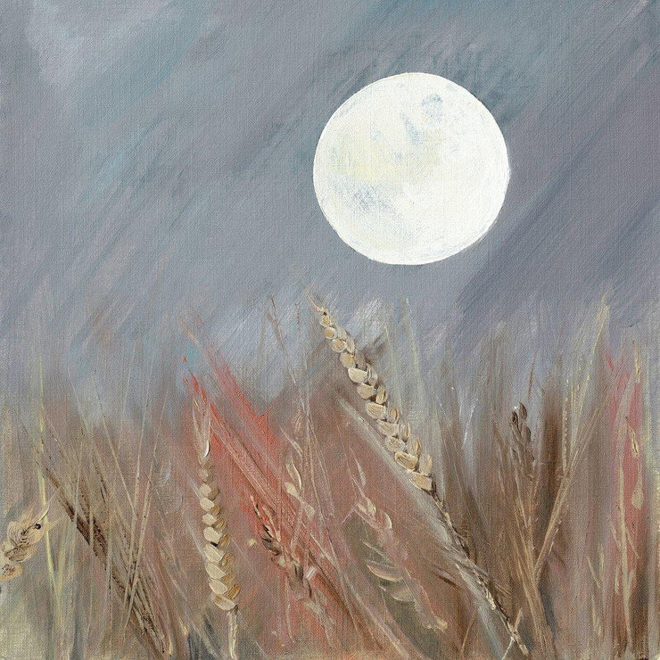Oil Painting, Harvest Moon. Lunar Moon, superman, wheat, grey, white, orange, cream, oat, field, night.