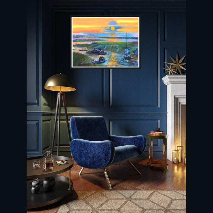 Clevedon Pill. Contrasting sunset colours. Ornage sky with blue water. Impressionist paint strokes. Sophisticated boutique look.