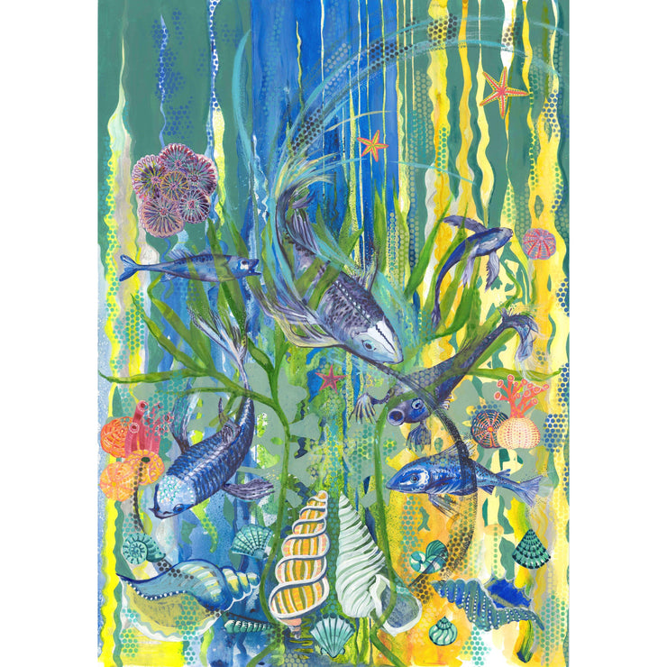 A mixed media underwater illustration. The asymmetry of the swimming fish and the stylistic sea creatures were inspired by Art Nouveau. If you look closely you will see an ambulance of detail. The patterns and layers of effects are captivating. This artwork would look fabulous in a playroom or in a bathroom interior.