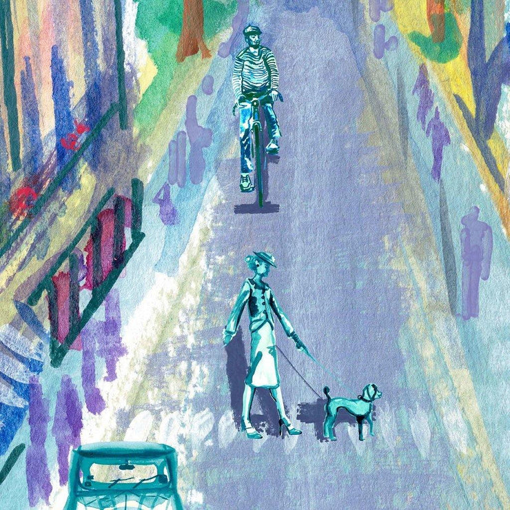 Watercolours and inks. Parisian street scene. Candy colours. Eiffel Tower. Intricate characters.