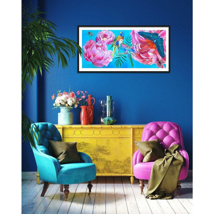 Large oil painting. Love birds, peonies, insects. Magenta, blue, turquoise. Framed.