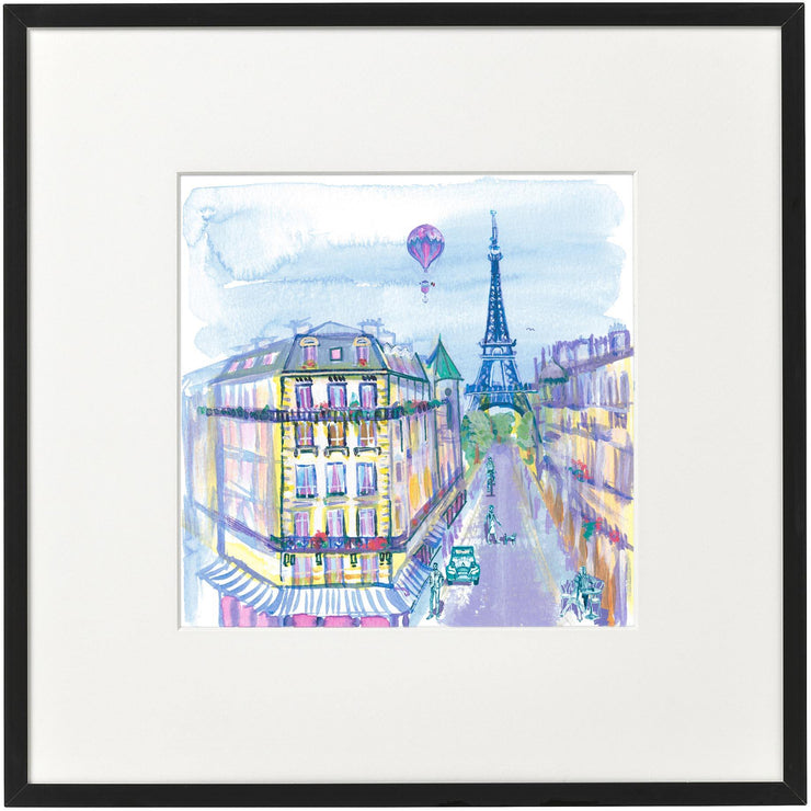 Watercolours and inks. Parisian street scene. Candy colours. Eiffel Tower. Vintage Parisian balloon. Black frame with white mount.