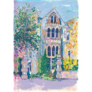 Acrylic mark making, expressive victorian architecture. Pinks blues and vibrant greens. Contrasting colours.